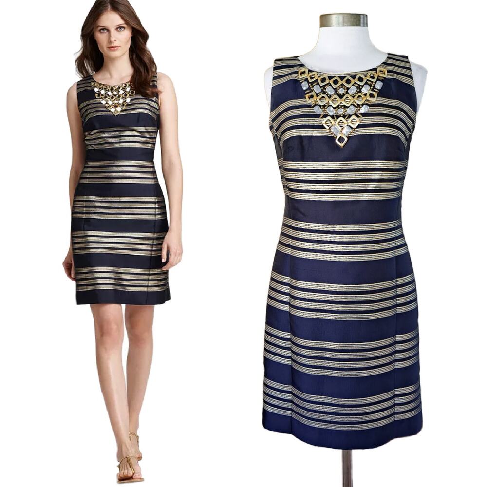 LILLY PULITZER Virginia Navy Gold Silver Stripe Dress 6 Party Dressy Embellished